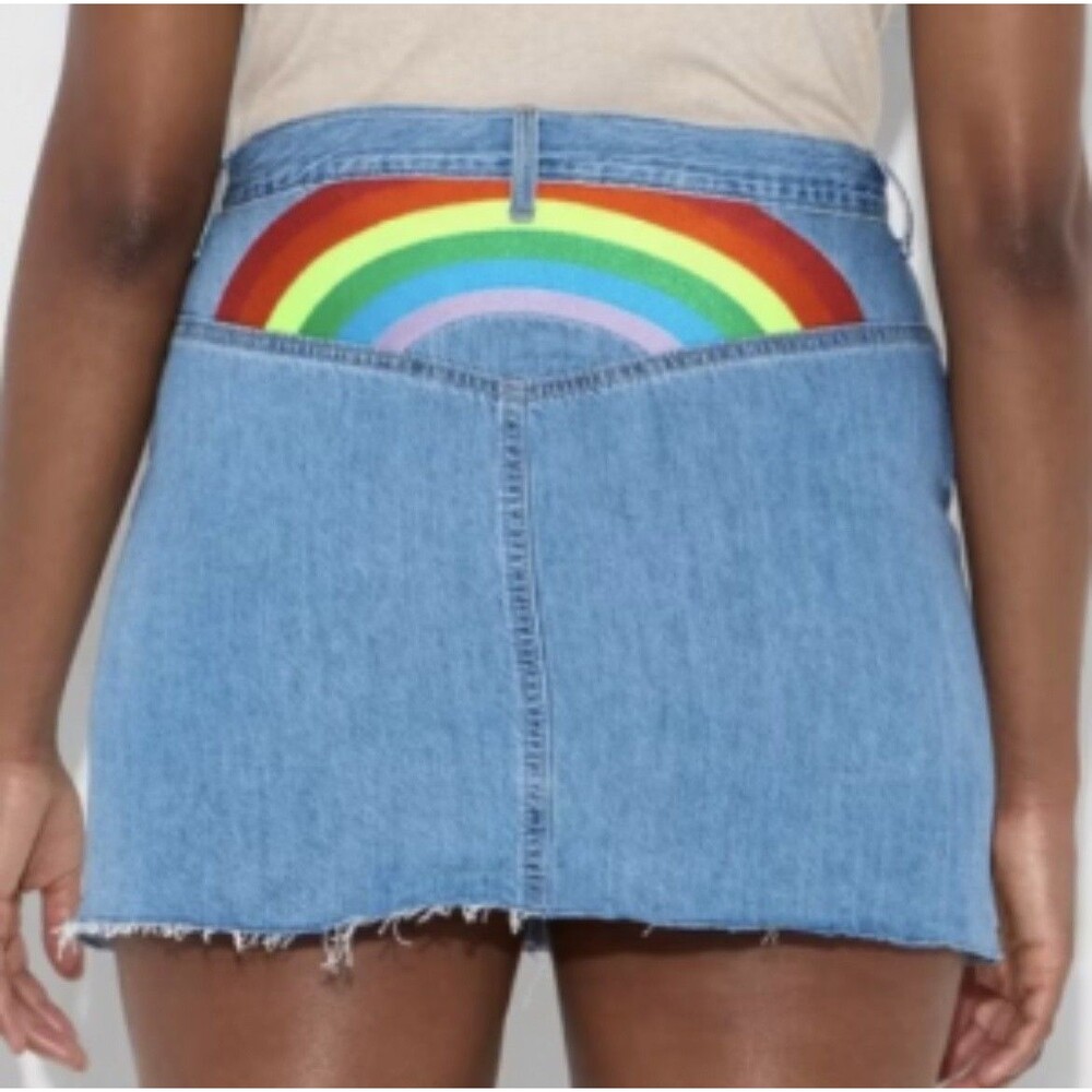 Target Size Medium Light Wash Denim Skirt Pride Rainbow Embroidered Frayed Hem
